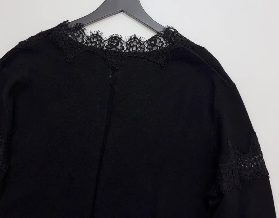 Laid-Back Style Lace Knitted Cardigan, Relaxed-Fit Outerwear Top in Black, product view 13