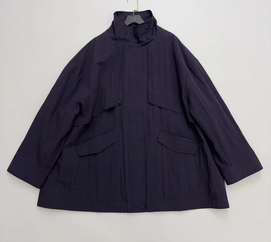 Stand-Collar Patch-Pocket Utility Trench Coat in Navy, product view 01