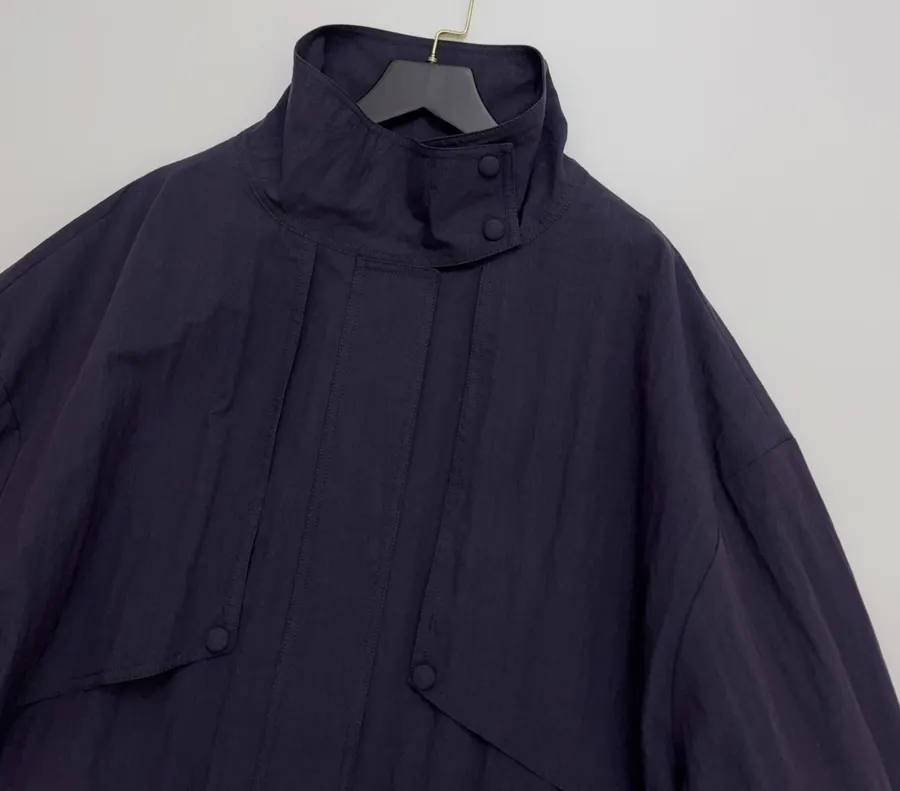 Stand-Collar Patch-Pocket Utility Trench Coat in Navy, product view 02