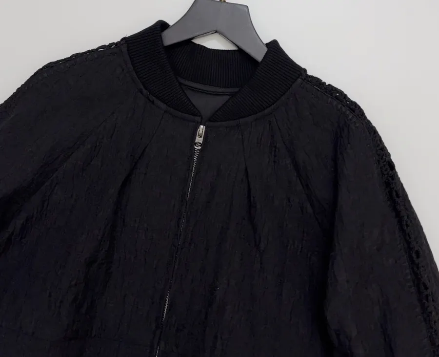 Lace-Panel Stand-Collar Zip Jacket in Black, product view 02