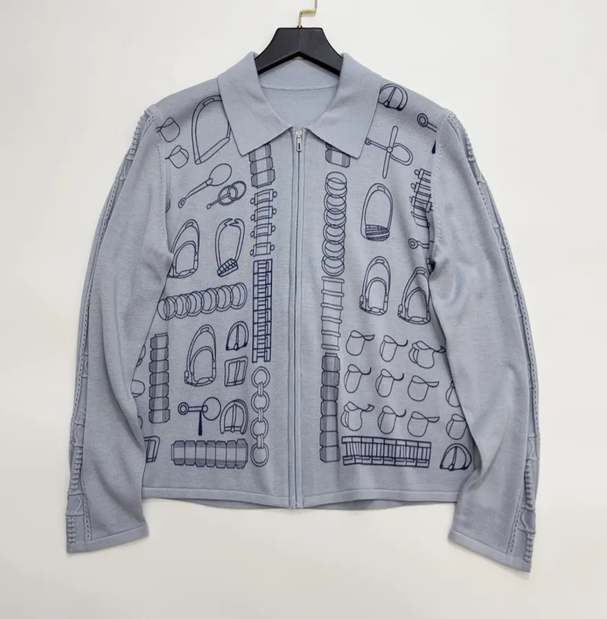 Light Blue Line-Embroidered Collared Cardigan in Light Blue, product view 01
