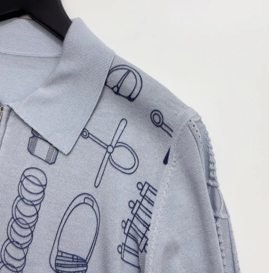 Light Blue Line-Embroidered Collared Cardigan in Light Blue, product view 03