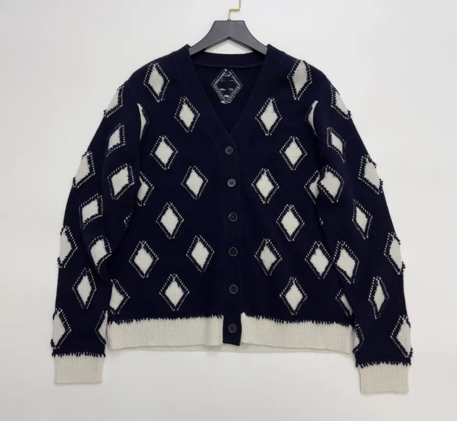 Plaid V-Neck Loose Knitted Sweater Jacket in Navy, product view 01