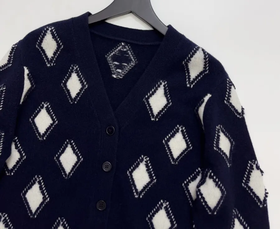 Plaid V-Neck Loose Knitted Sweater Jacket in Navy, product view 02
