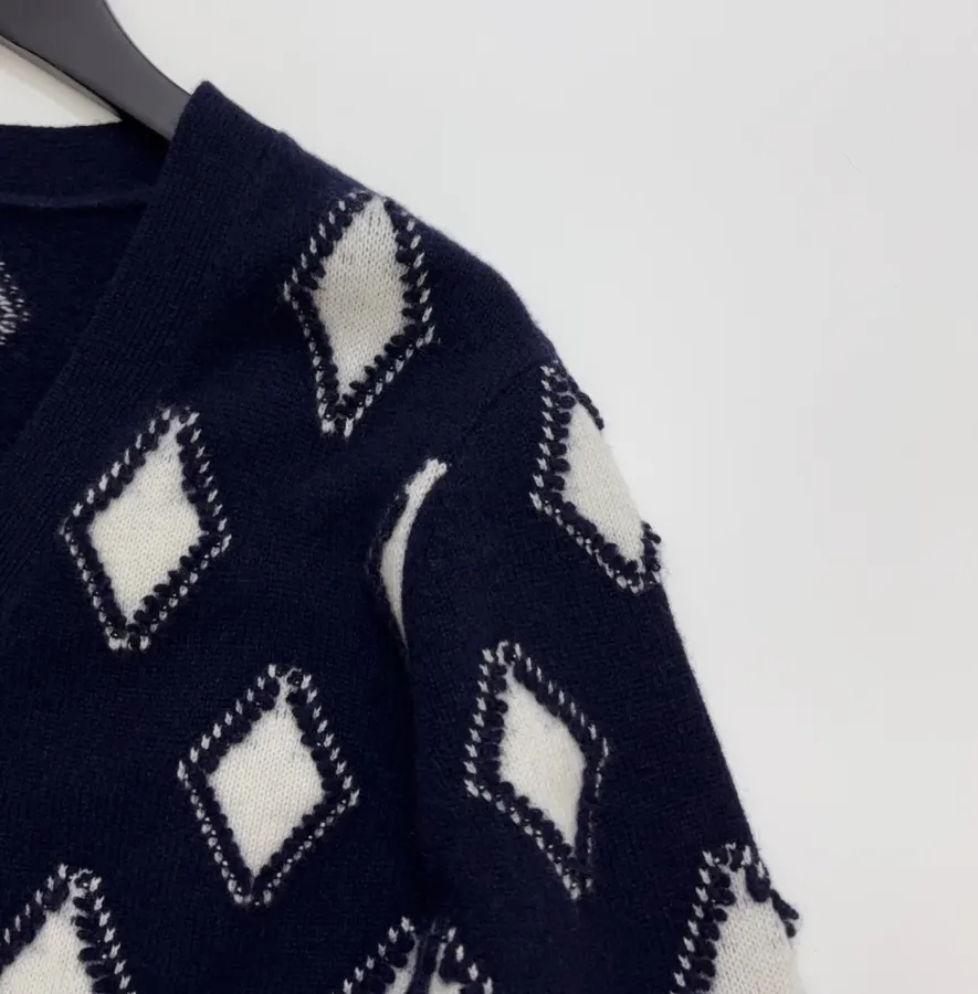 Plaid V-Neck Loose Knitted Sweater Jacket in Navy, product view 03