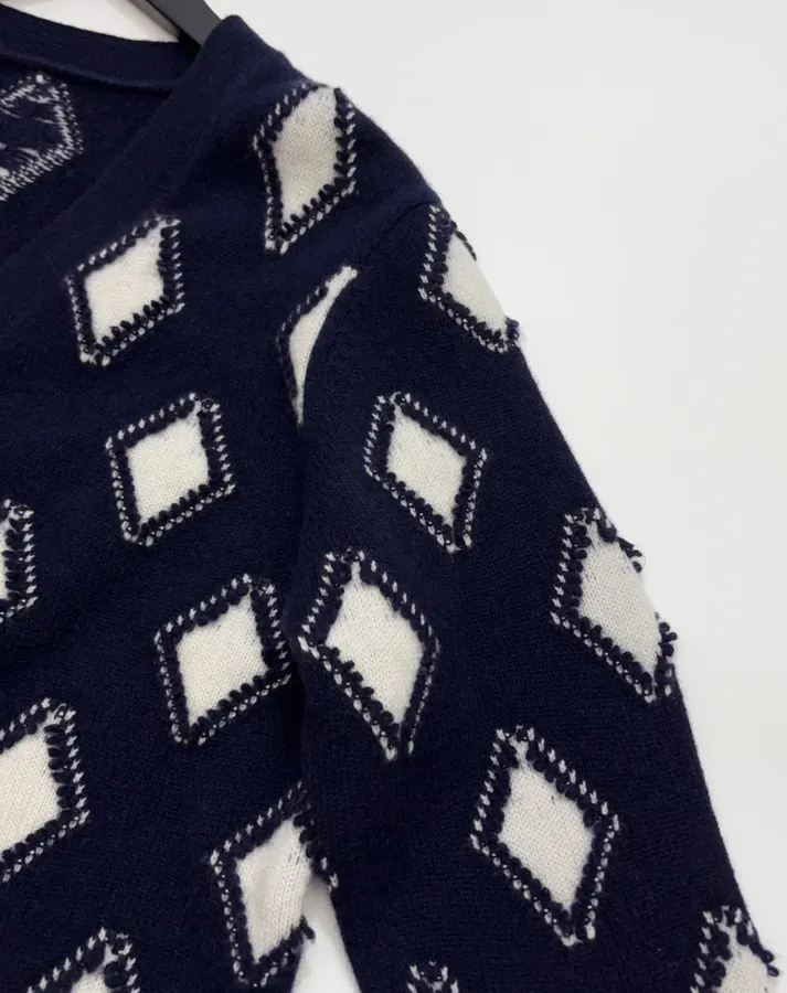 Plaid V-Neck Loose Knitted Sweater Jacket in Navy, product view 04