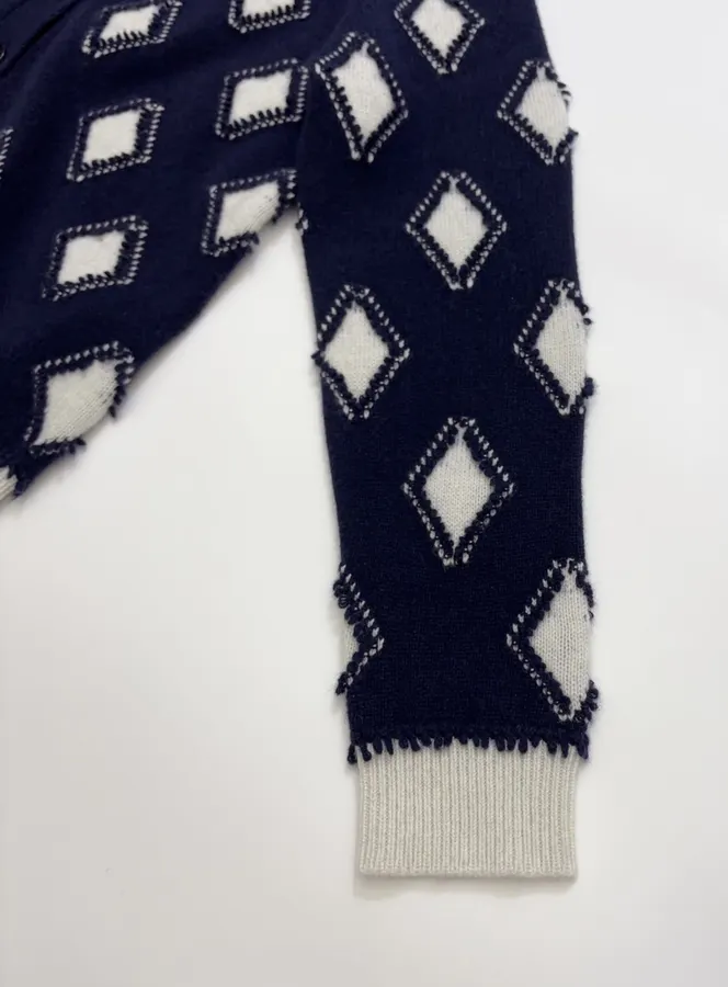 Plaid V-Neck Loose Knitted Sweater Jacket in Navy, product view 06