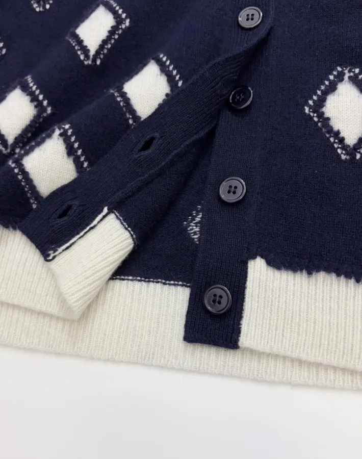 Plaid V-Neck Loose Knitted Sweater Jacket in Navy, product view 13