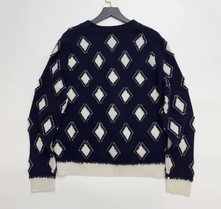 Plaid V-Neck Loose Knitted Sweater Jacket in Navy, product view 14
