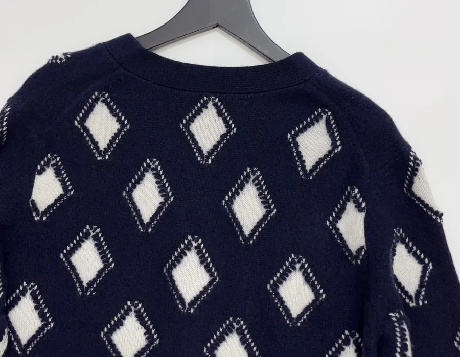 Plaid V-Neck Loose Knitted Sweater Jacket in Navy, product view 15