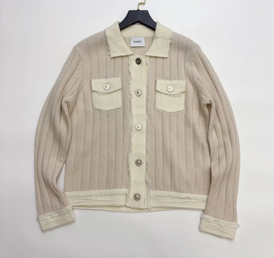 Turn-Down Collar Color-Block Knitted Cardigan in Oatmeal, product view 01
