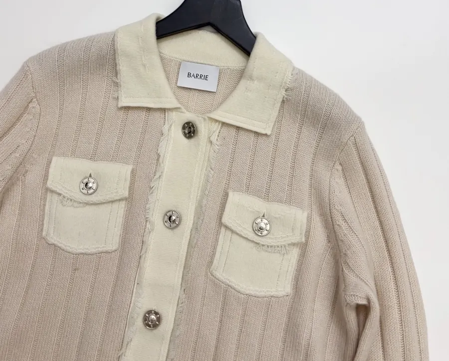 Turn-Down Collar Color-Block Knitted Cardigan in Oatmeal, product view 02