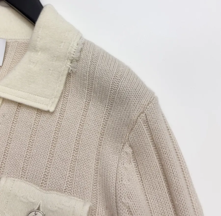Turn-Down Collar Color-Block Knitted Cardigan in Oatmeal, product view 03