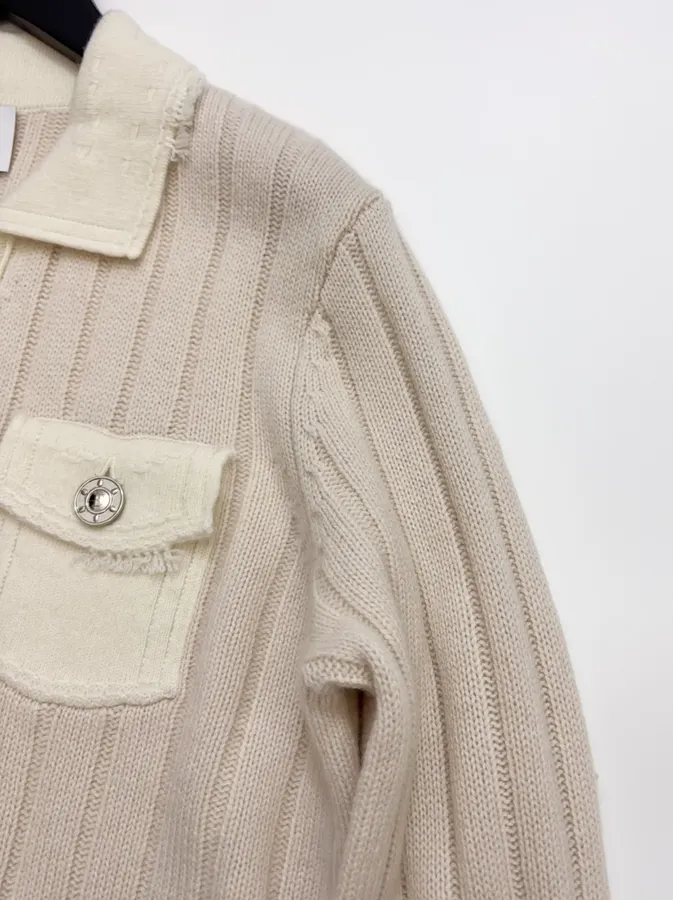 Turn-Down Collar Color-Block Knitted Cardigan in Oatmeal, product view 04