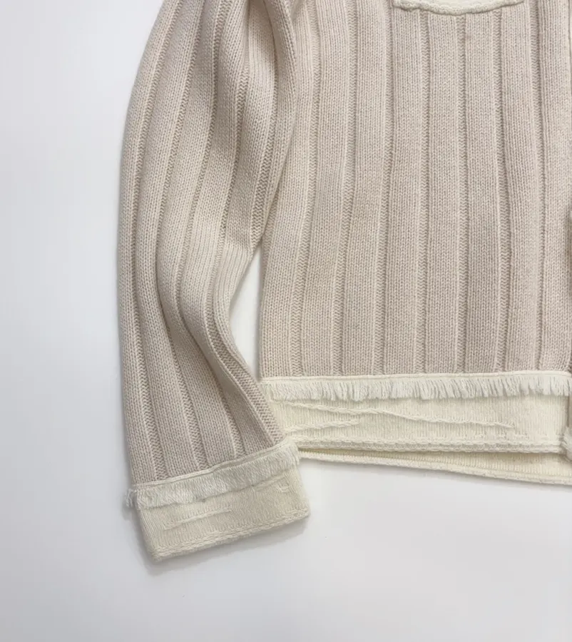 Turn-Down Collar Color-Block Knitted Cardigan in Oatmeal, product view 07