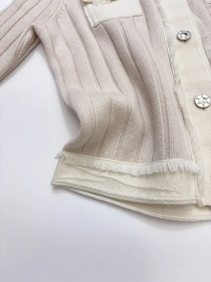 Turn-Down Collar Color-Block Knitted Cardigan in Oatmeal, product view 08