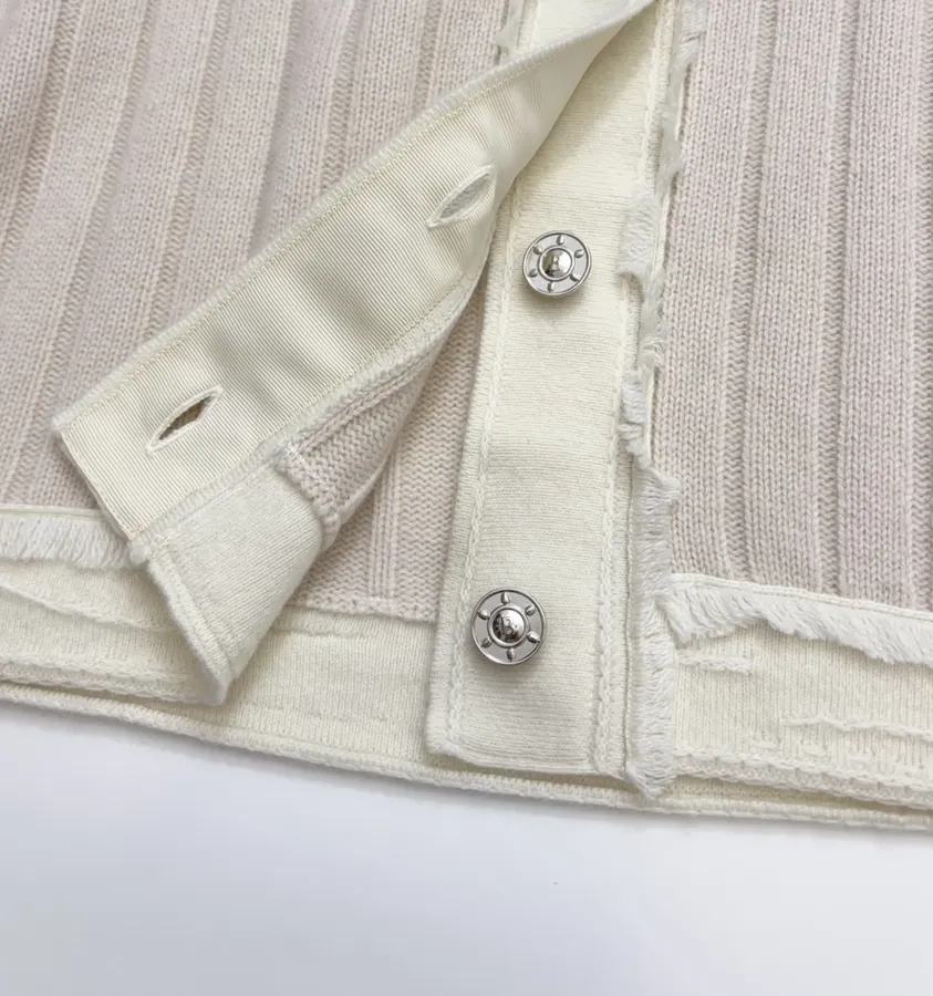 Turn-Down Collar Color-Block Knitted Cardigan in Oatmeal, product view 11