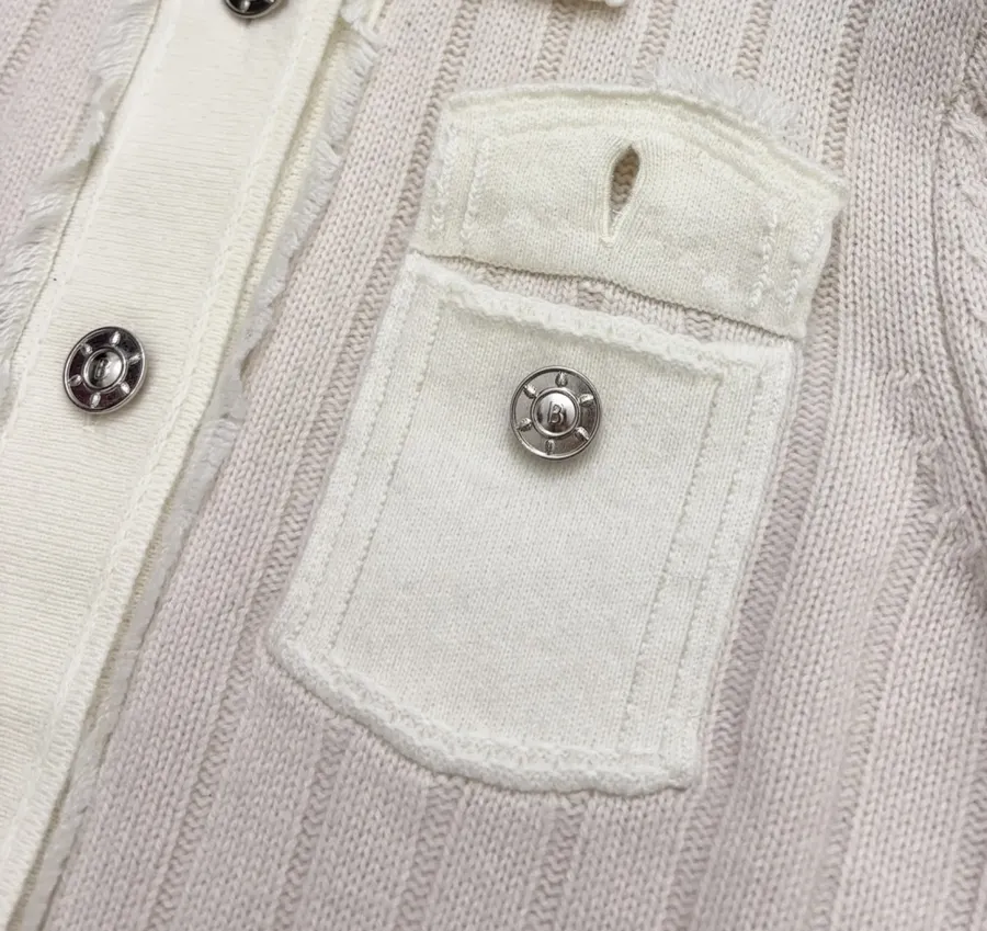 Turn-Down Collar Color-Block Knitted Cardigan in Oatmeal, product view 12