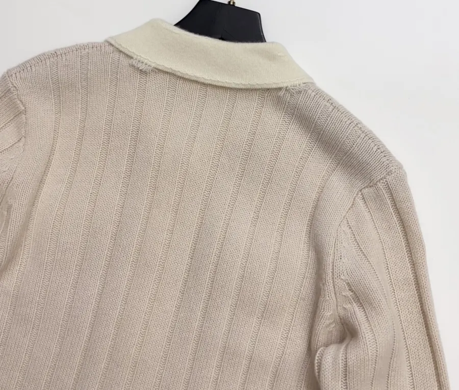 Turn-Down Collar Color-Block Knitted Cardigan in Oatmeal, product view 15