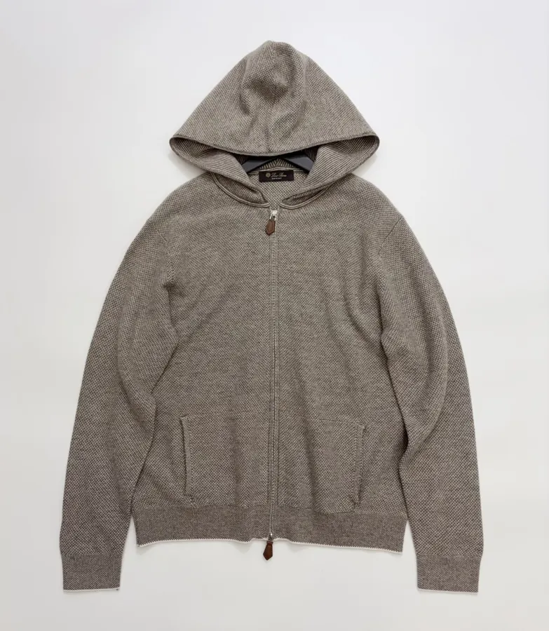 Taupe Hooded Zip-Up Knit Cardigan in Gray, product view 01