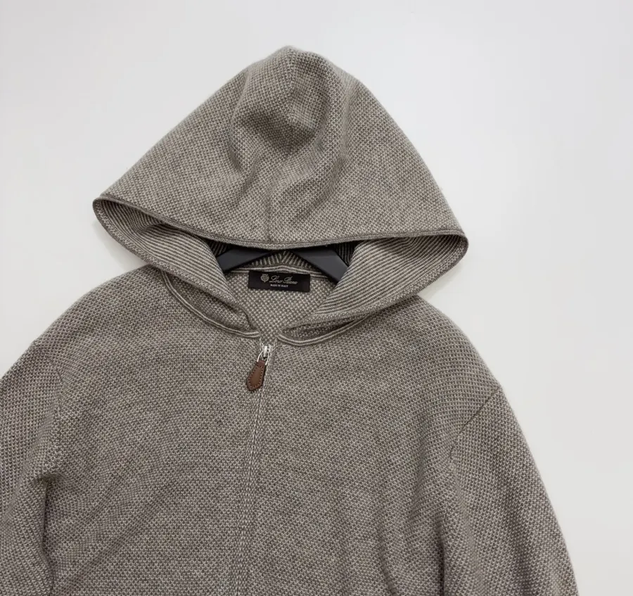 Taupe Hooded Zip-Up Knit Cardigan in Gray, product view 02