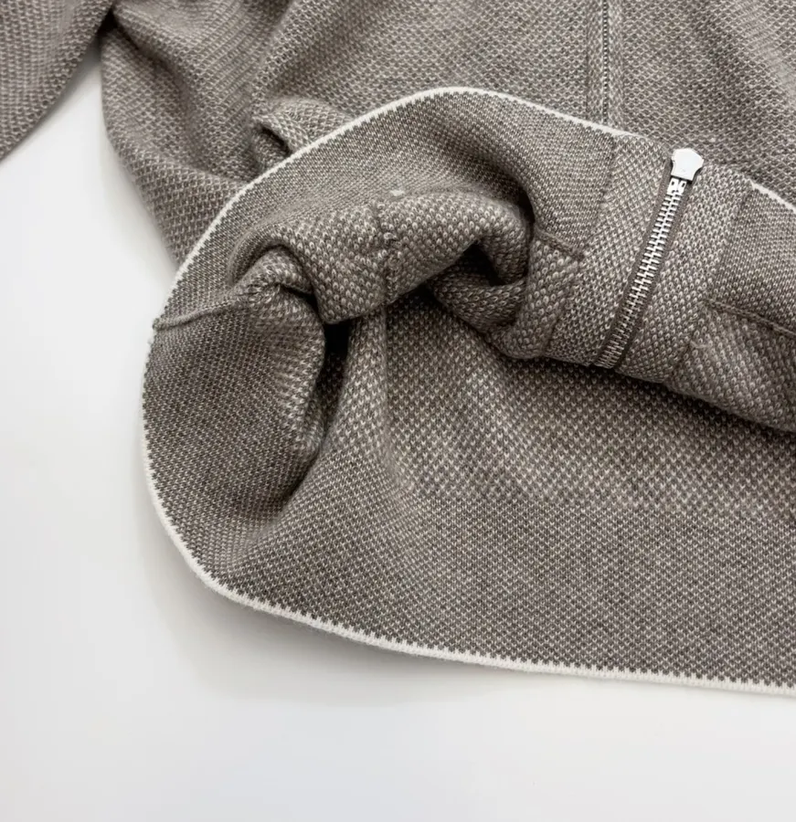 Taupe Hooded Zip-Up Knit Cardigan in Gray, product view 09