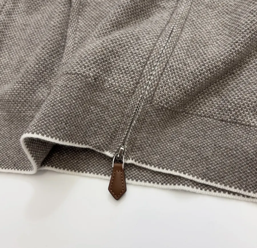 Taupe Hooded Zip-Up Knit Cardigan in Gray, product view 11