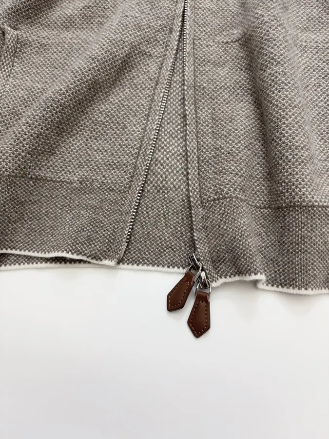 Taupe Hooded Zip-Up Knit Cardigan in Gray, product view 12