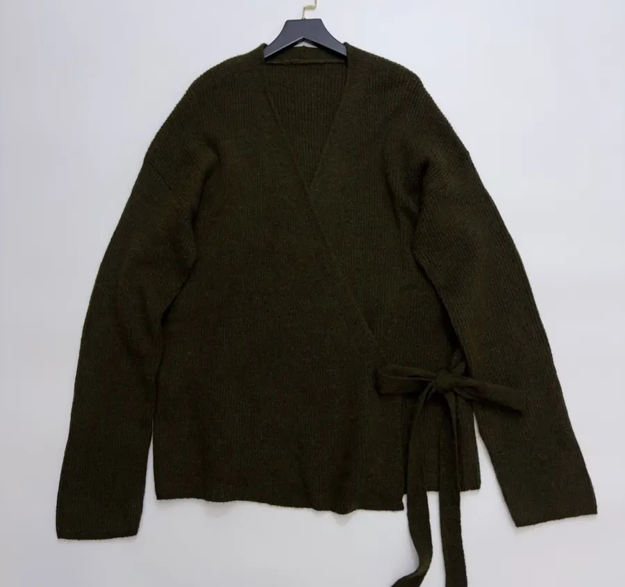 Dark Olive Tie-Waist Wrap Knit Cardigan in Olive Green, product view 01