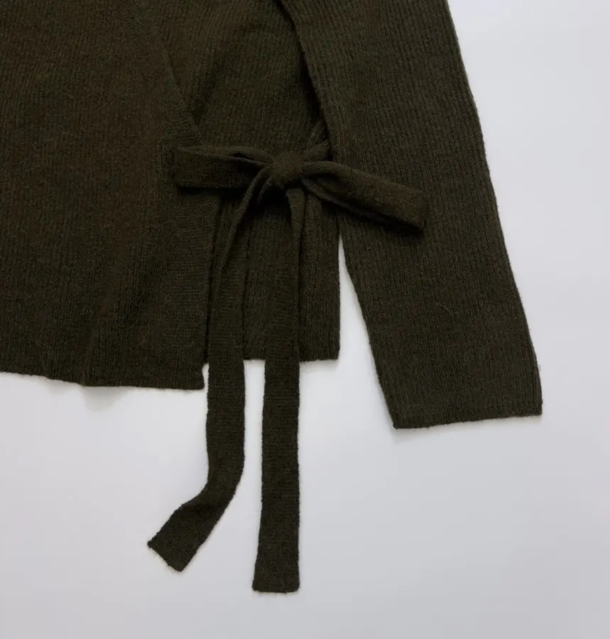 Dark Olive Tie-Waist Wrap Knit Cardigan in Olive Green, product view 04