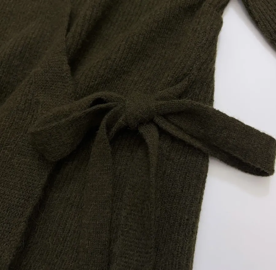 Dark Olive Tie-Waist Wrap Knit Cardigan in Olive Green, product view 11