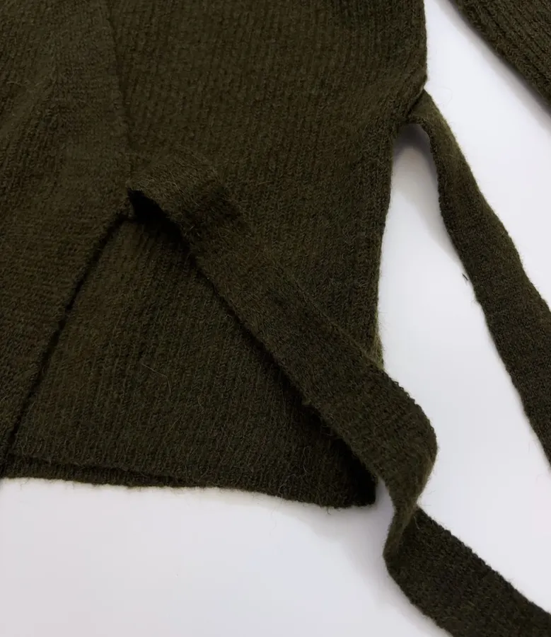 Dark Olive Tie-Waist Wrap Knit Cardigan in Olive Green, product view 12