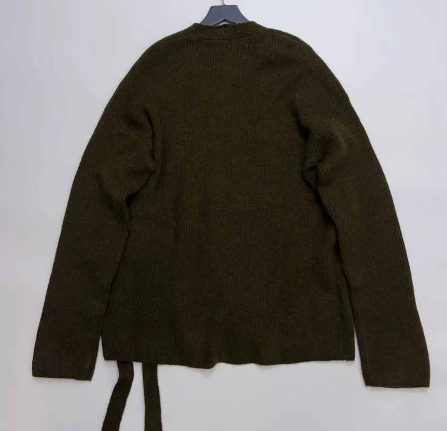 Dark Olive Tie-Waist Wrap Knit Cardigan in Olive Green, product view 14