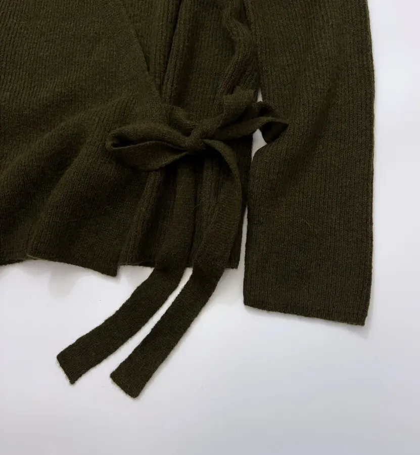 Dark Olive Tie-Waist Wrap Knit Cardigan in Olive Green, product view 16