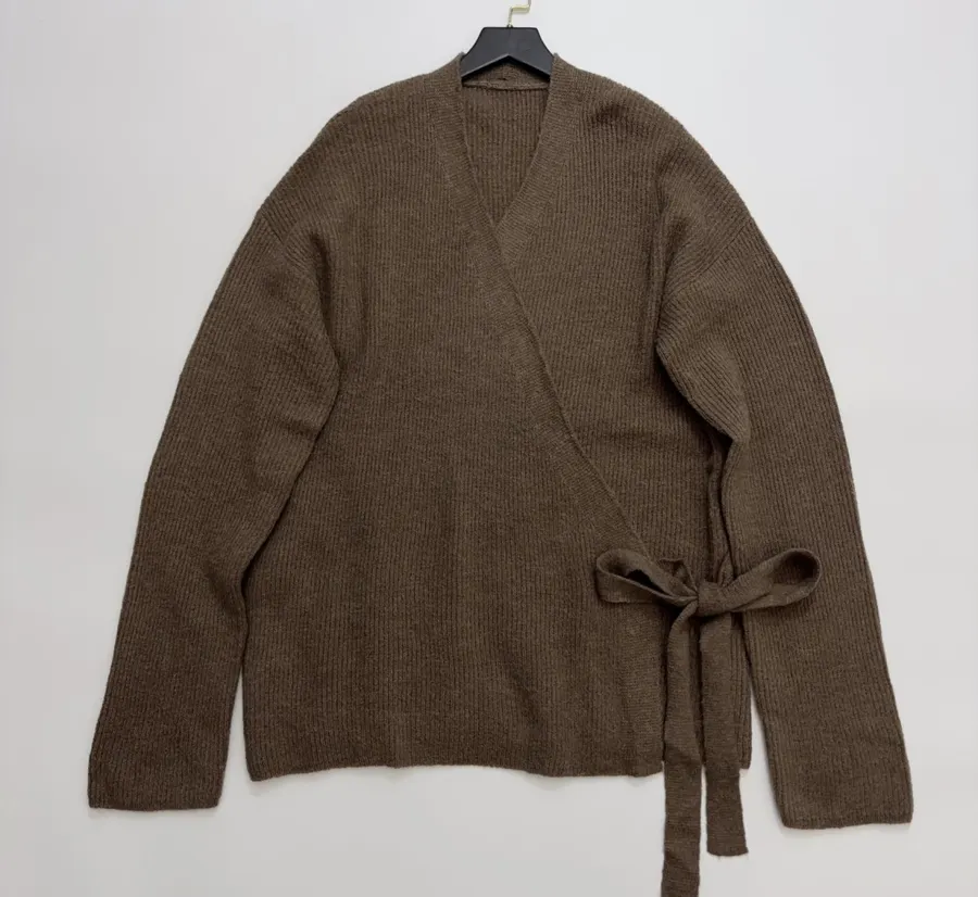 Brown Tie-Waist Wrap Knit Cardigan in Brown, product view 01