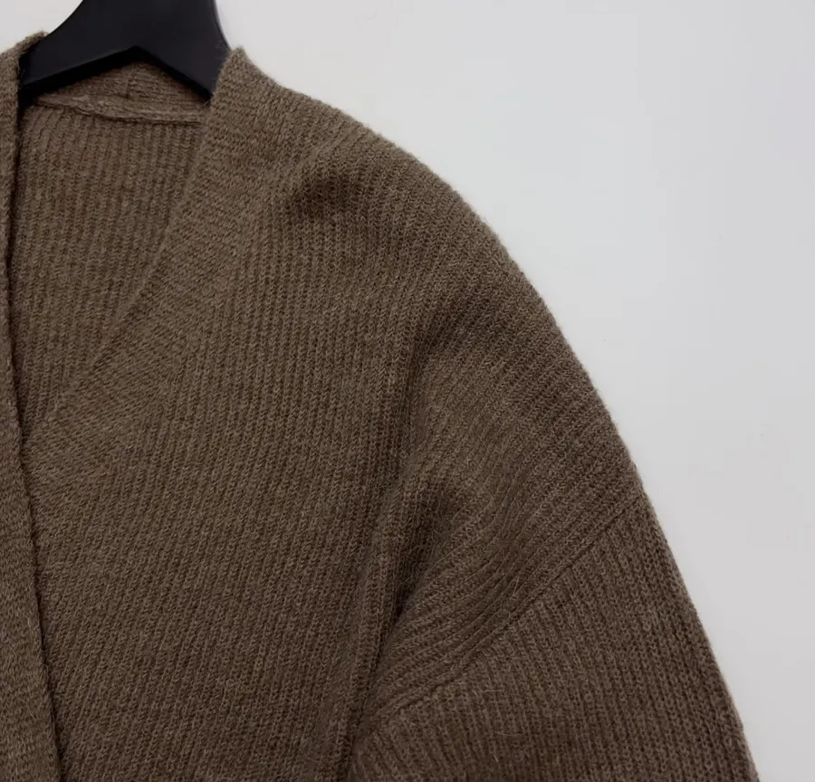 Brown Tie-Waist Wrap Knit Cardigan in Brown, product view 03