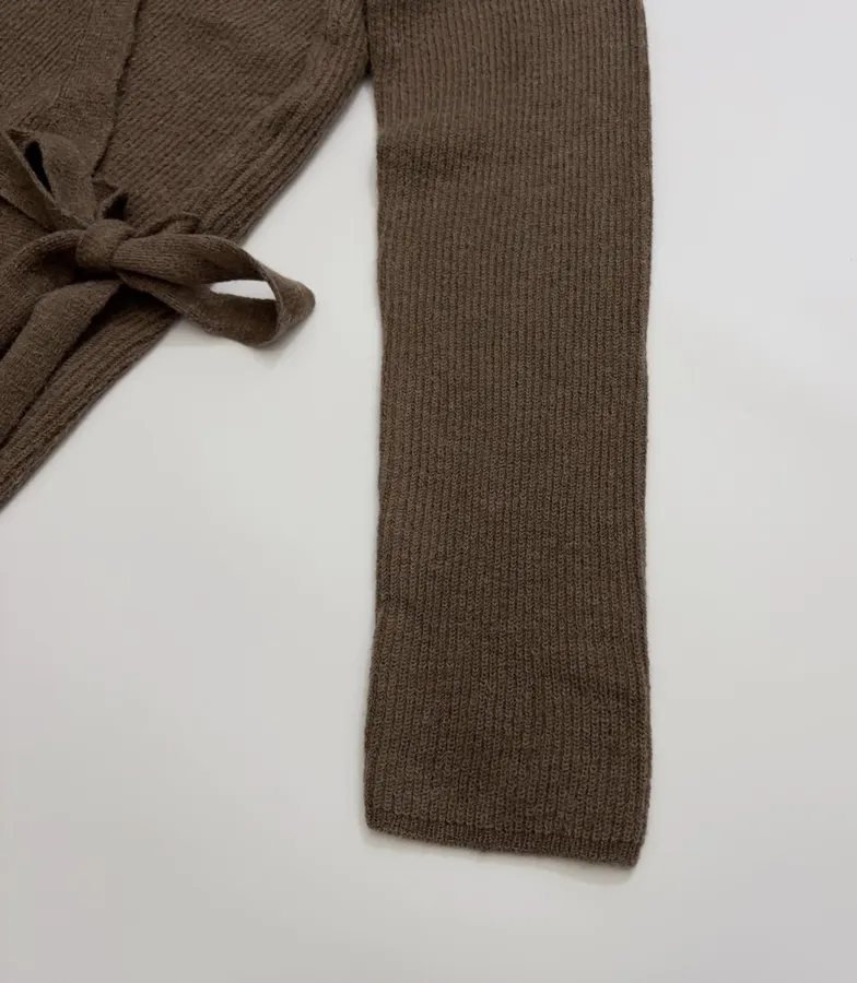 Brown Tie-Waist Wrap Knit Cardigan in Brown, product view 04