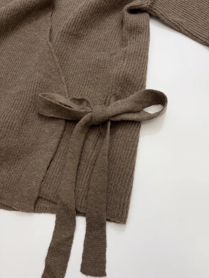 Brown Tie-Waist Wrap Knit Cardigan in Brown, product view 12