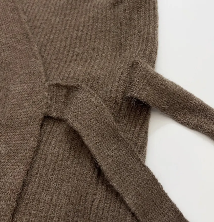 Brown Tie-Waist Wrap Knit Cardigan in Brown, product view 13