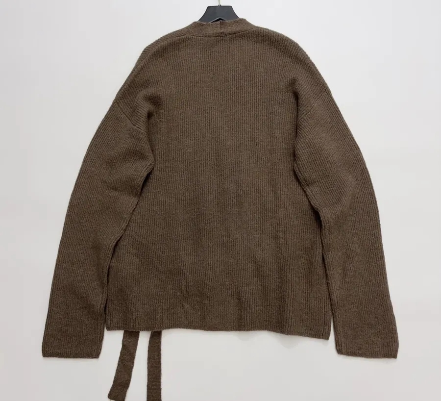 Brown Tie-Waist Wrap Knit Cardigan in Brown, product view 15