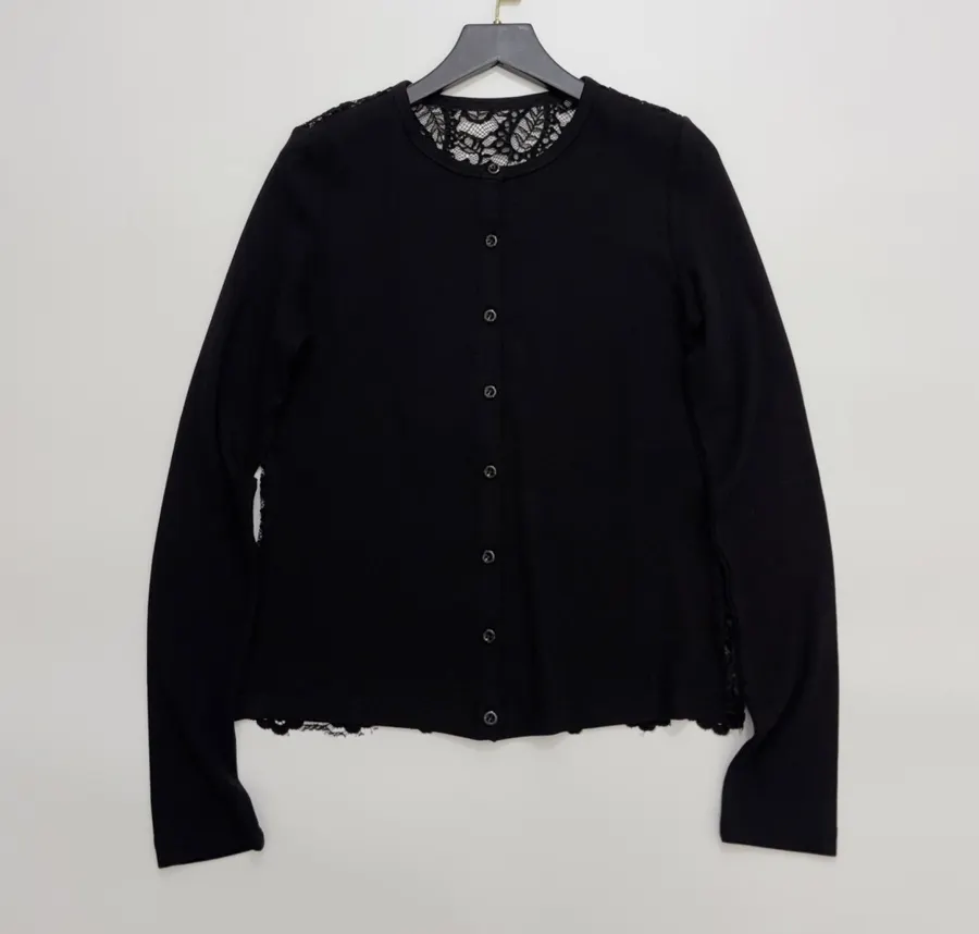 Black Lace-Panel Crew-Neck Cardigan in Black, product view 01