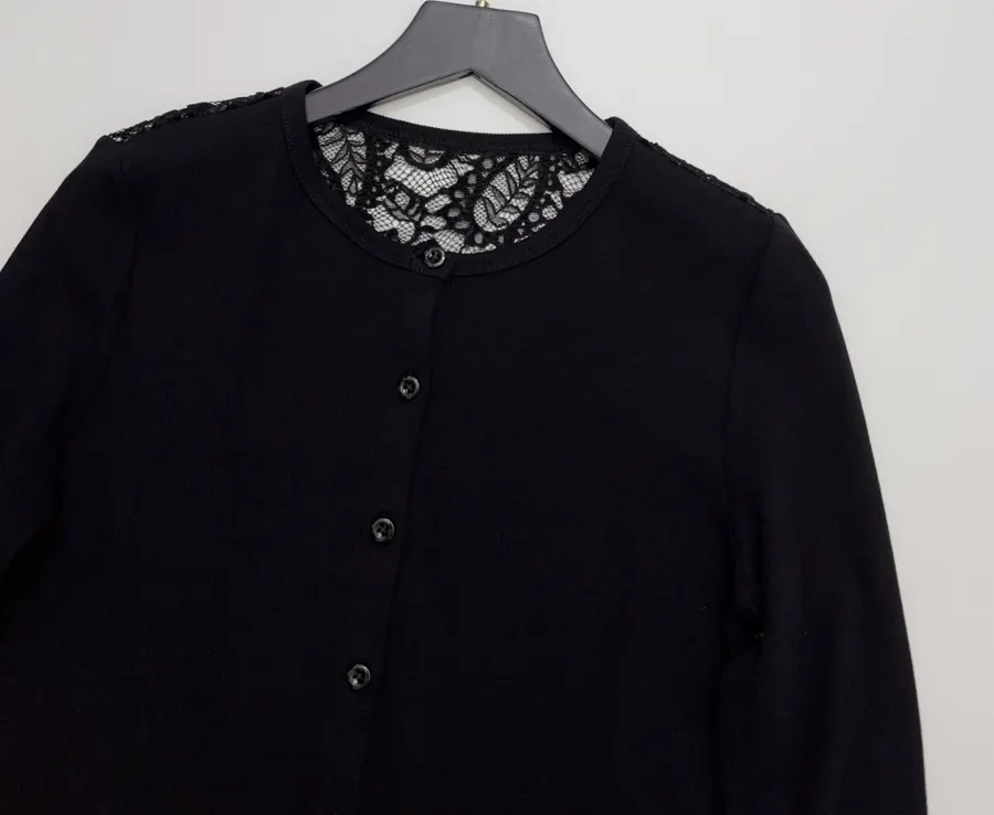 Black Lace-Panel Crew-Neck Cardigan in Black, product view 02