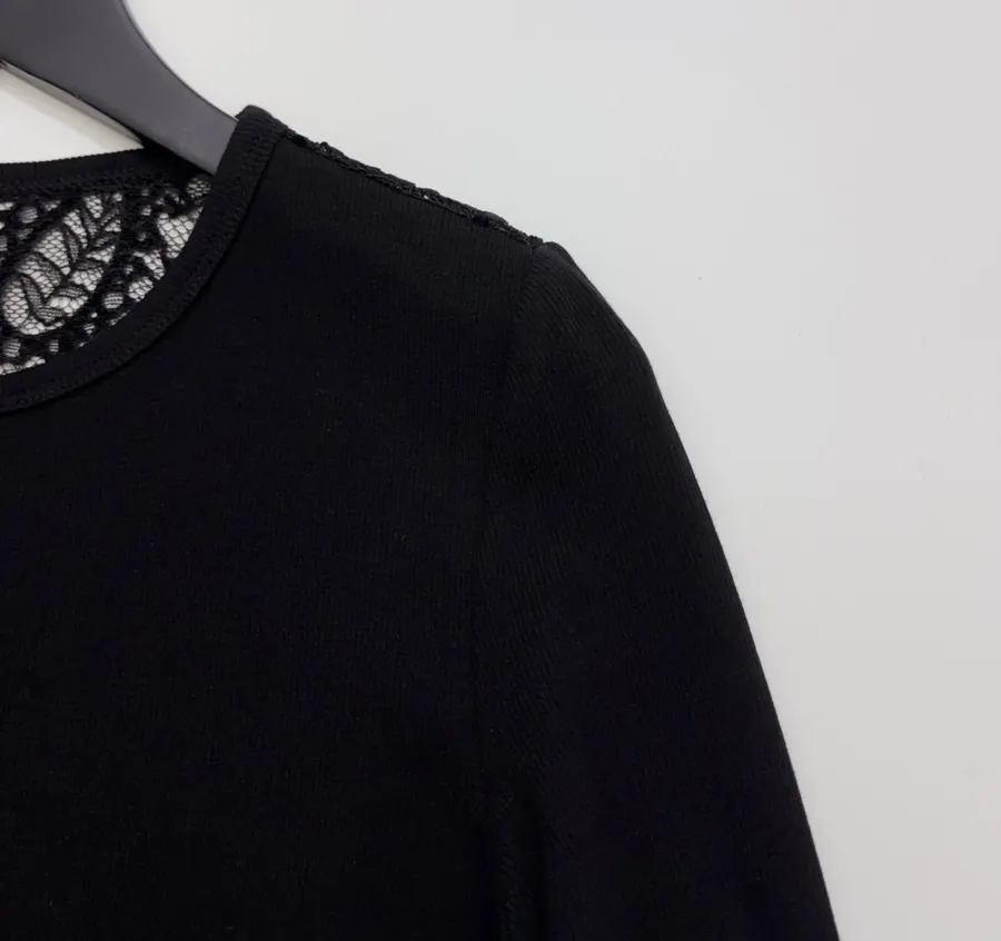 Black Lace-Panel Crew-Neck Cardigan in Black, product view 03