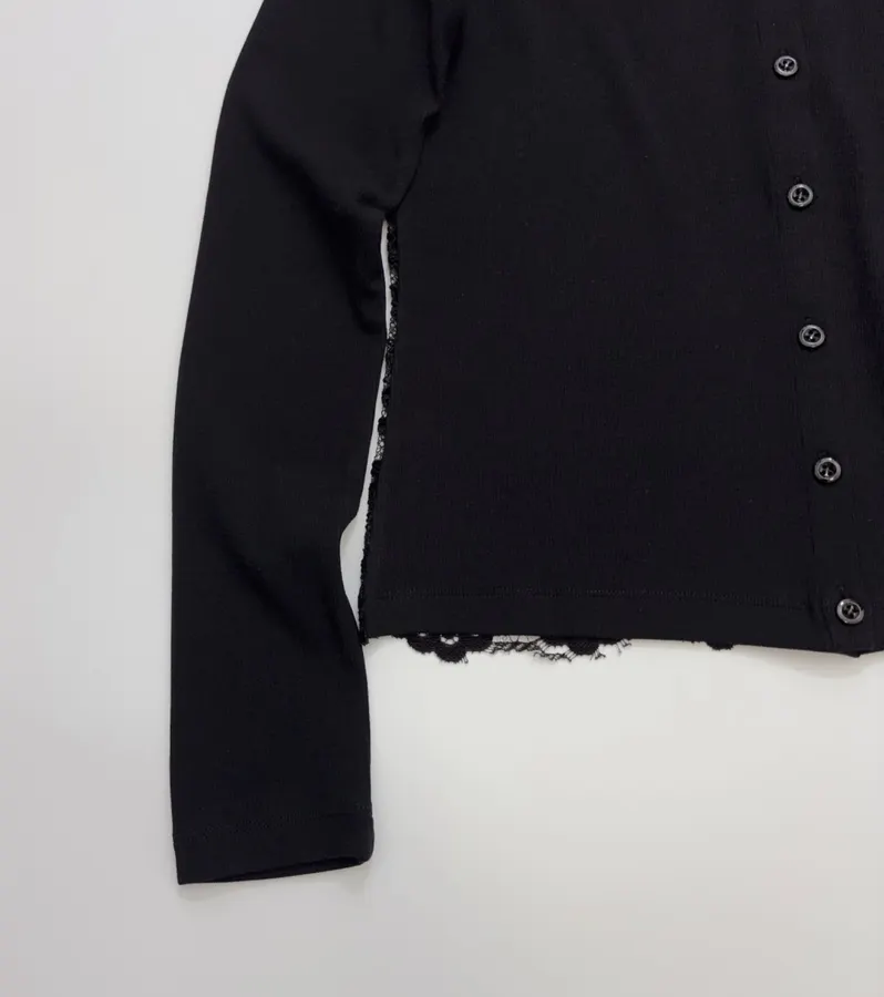 Black Lace-Panel Crew-Neck Cardigan in Black, product view 06