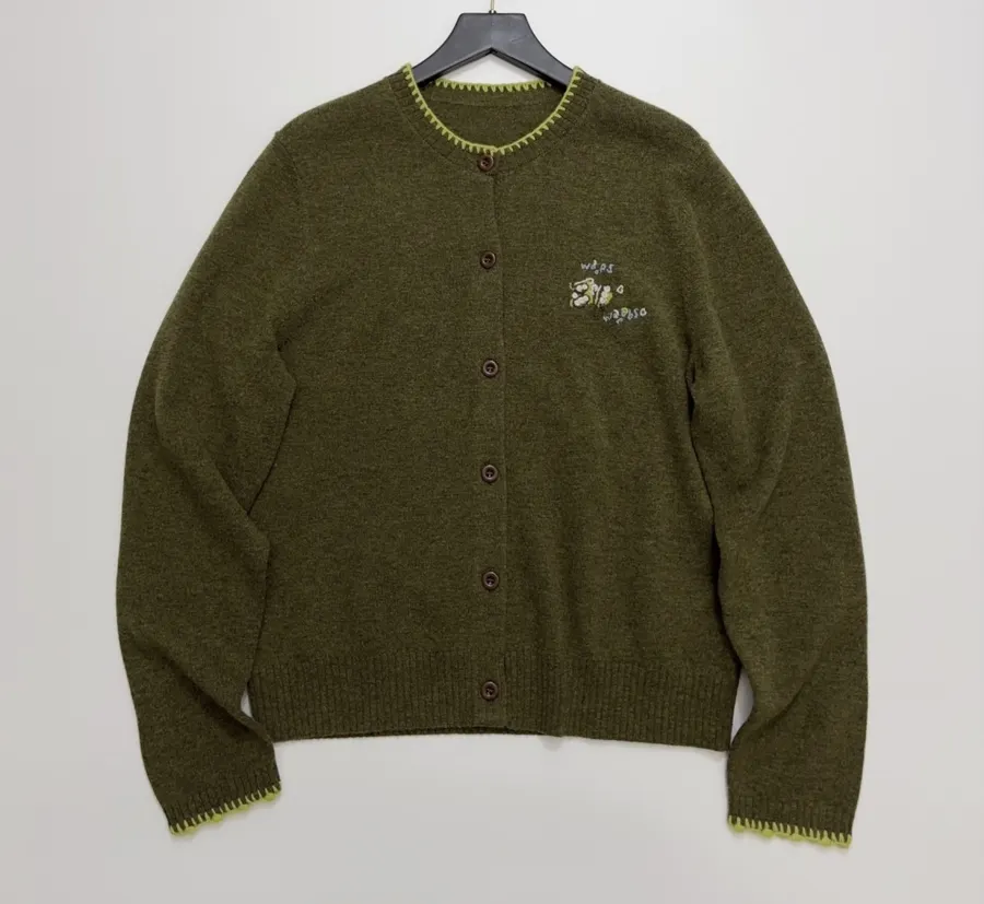 Jacquard Embroidered Contrast-Trim Cardigan in Olive Green, product view 01