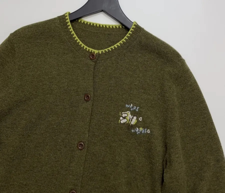 Jacquard Embroidered Contrast-Trim Cardigan in Olive Green, product view 02