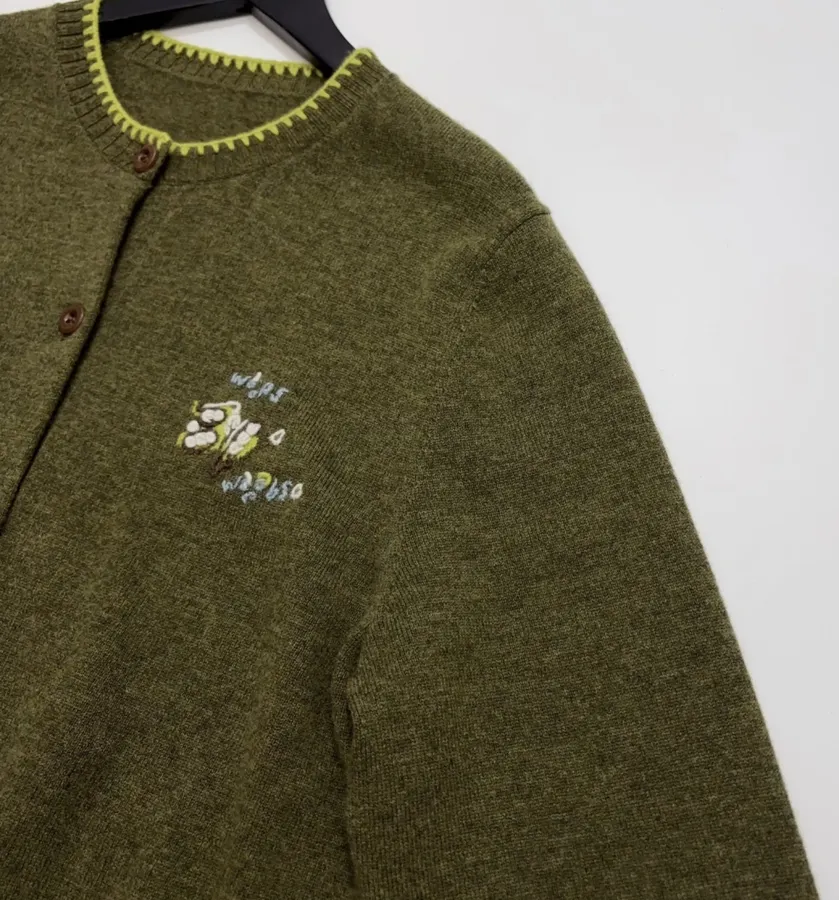 Jacquard Embroidered Contrast-Trim Cardigan in Olive Green, product view 03