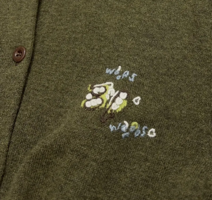 Jacquard Embroidered Contrast-Trim Cardigan in Olive Green, product view 04