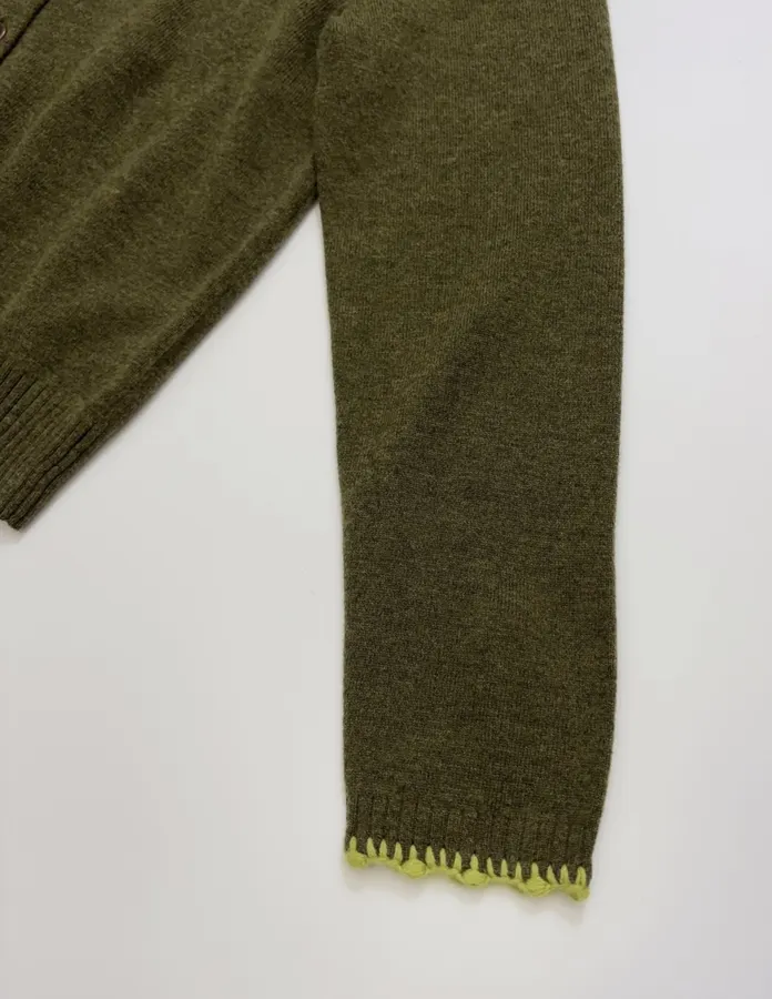 Jacquard Embroidered Contrast-Trim Cardigan in Olive Green, product view 06