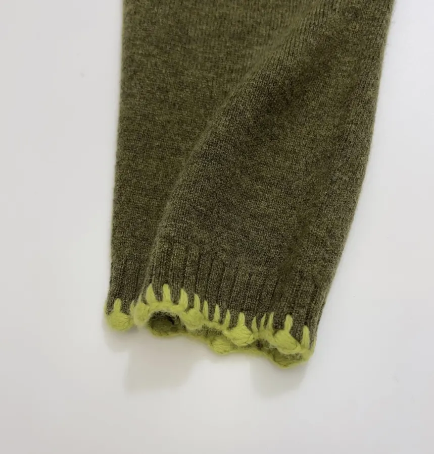 Jacquard Embroidered Contrast-Trim Cardigan in Olive Green, product view 07
